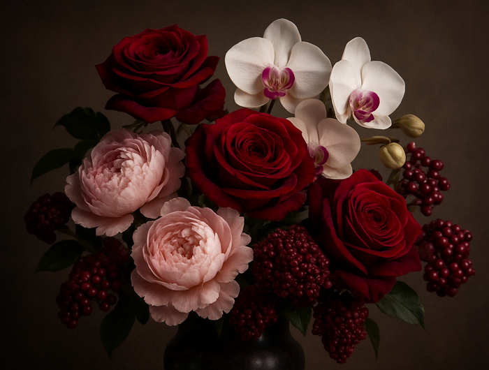image of red roses, pink peonies, berries, and orchid in sophisticated manner