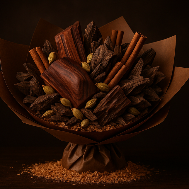 Create a luxuious bouquet image of deep woody tones enhanced by Cardamom and spices. fresh Sandalwood, Sawdust, and opulent Oud,