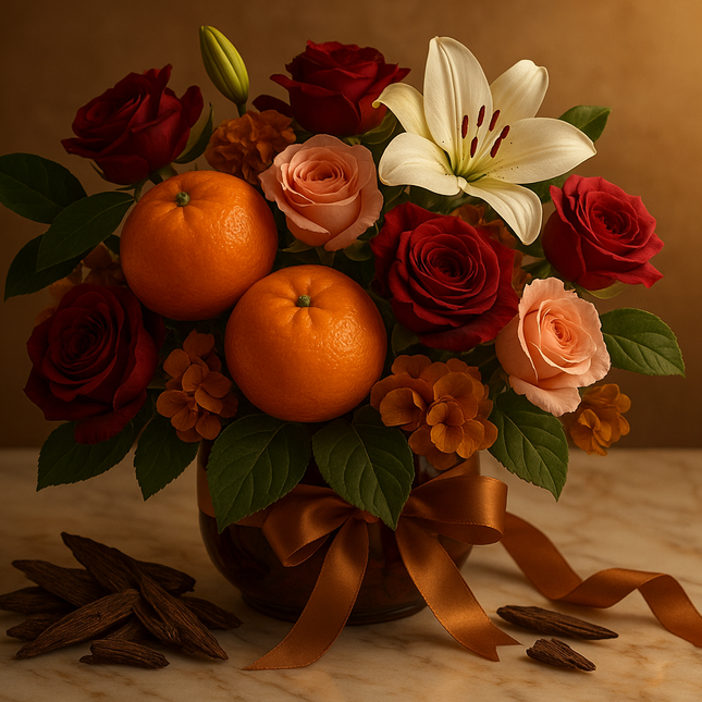 Create a luxurious bouquet image of Mandarin, Rose Otto, and Lily, notes of Musk, Amber, Oud, and Patchouli