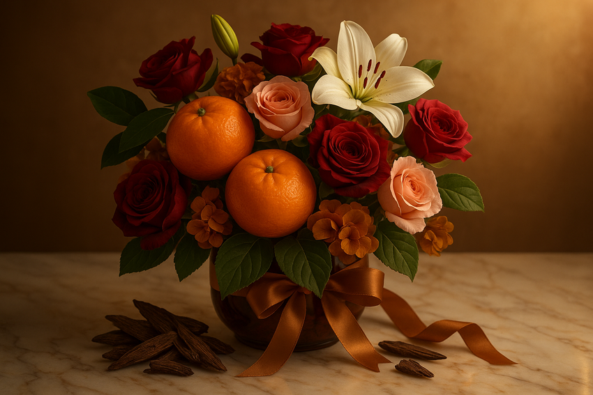 Create a luxurious bouquet image of Mandarin, Rose Otto, and Lily, notes of Musk, Amber, Oud, and Patchouli