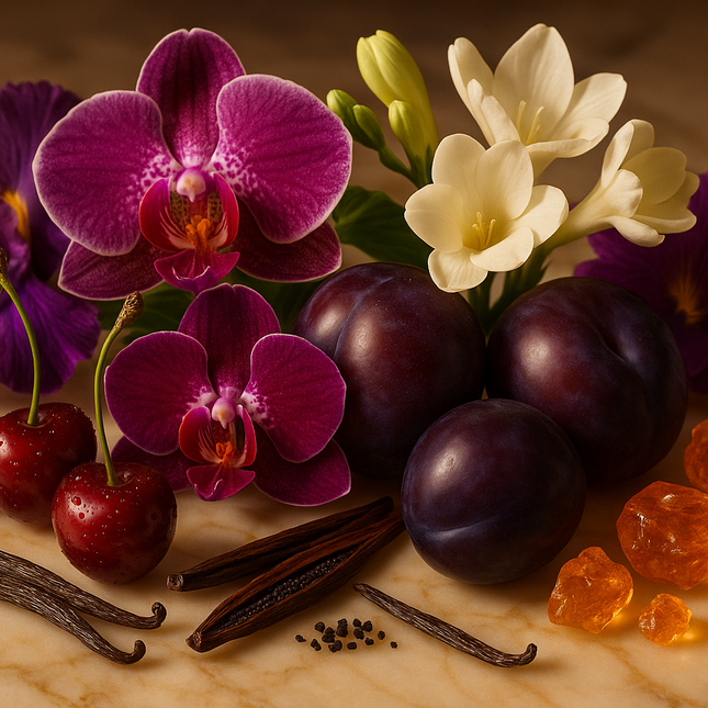 Create a luxurious image of ripe Cherry, juicy Plum, exotic Orchid, Freesia, Iris Musk, Vanilla pods, and soft Amber 