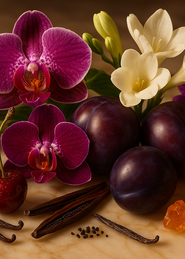 Create a luxurious image of ripe Cherry, juicy Plum, exotic Orchid, Freesia, Iris Musk, Vanilla pods, and soft Amber