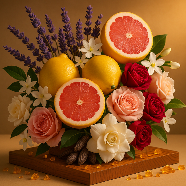 Create luxurious bouquet image of Lavender, Lemon and Grapefruit ,Jasmine, Rose and Gardenia resting on a base of Cedarwood, Amber and Tonka.