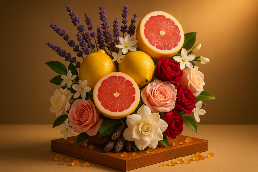 Create luxurious bouquet image of Lavender, Lemon and Grapefruit ,Jasmine, Rose and Gardenia resting on a base of Cedarwood, Amber and Tonka.